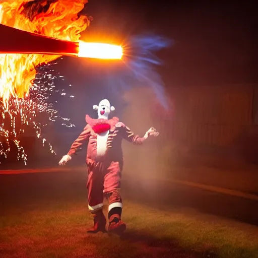 Prompt: photo of a clown using a flamethrower projecting a long bright flame towards a dumpster fire, award-winning, highly-detailed, 8K