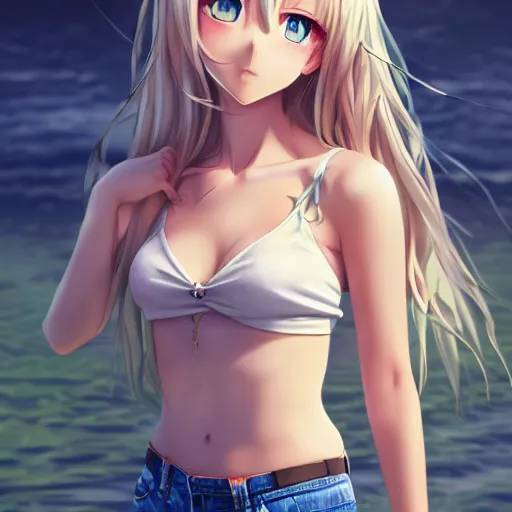 Image similar to a very beautiful anime girl, full body, long wavy blond hair, sky blue eyes, full round face, short smile, cute top, short jeans, summer lake setting, cinematic lightning, medium shot, mid-shot, highly detailed, trending on Artstation, Unreal Engine 4k, cinematic wallpaper by Stanley Artgerm Lau, WLOP, Rossdraws, and Sakimichan