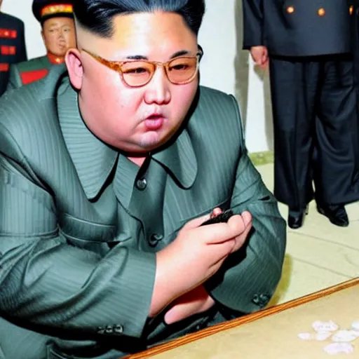 Prompt: kim jong un smoking weed in the middle of a war