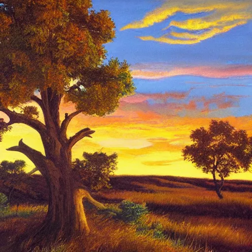 Image similar to a large-dead-oak atop a hill with a bright-sunset behind it by bob ross