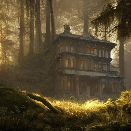 Prompt: an ancient old victorian mansion hidden in the mossy forest, trails, dynamic angle, atmospheric golden light, cinematic landscape, uncharted game vibes, one pixel brush, art by eytan zana, greg rutkowski, 8 k render