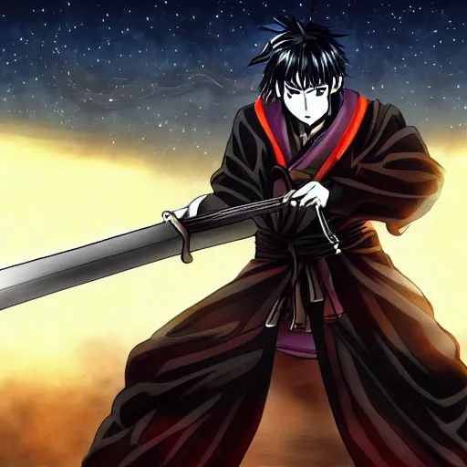 Drifters, anime, fire, sword, dark, glowing eyes, katana, yellow eyes