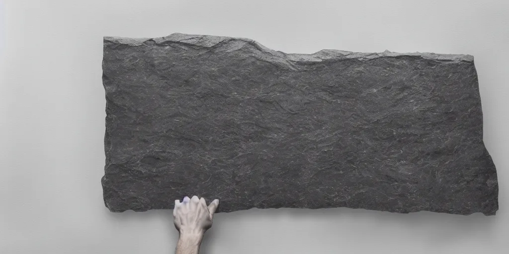 Prompt: a big block of raw slate in an empty white room, layered, jagged, backlit, photo, realistic, 8k