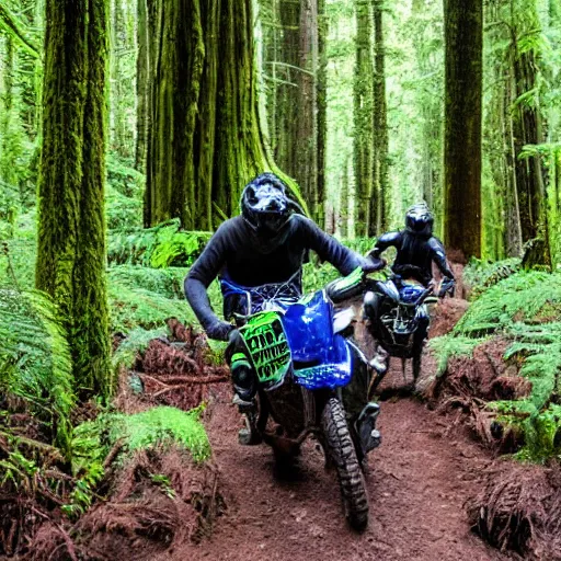 Prompt: two wringwraiths covered in slime riding yamaha dirtbikes in the hoh rainforest