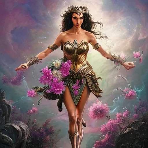 Image similar to full body fine art photo of the beauty goddess gal gadot, she has a crown of mesmerizing flowers, she is arriving heaven, by peter mohrbacher