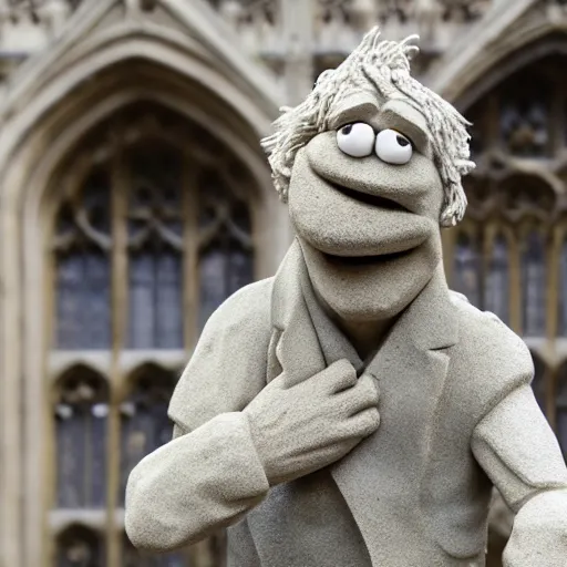 Image similar to a stone sculpture of boris johnson as a muppet outside the houses of parliament, mid distance