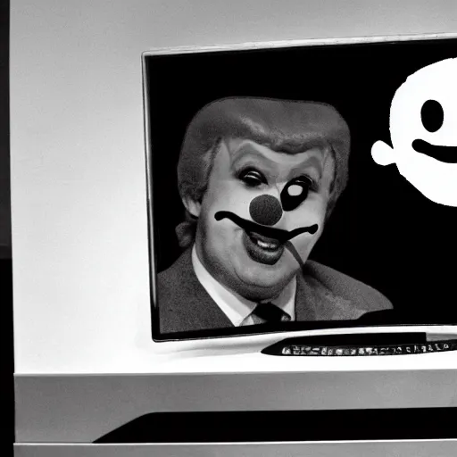 Image similar to photo of an 8 0's television with a president that has a clown face giving a speech