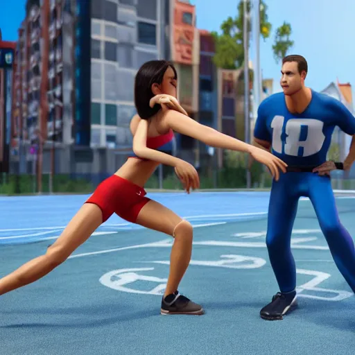 Prompt: young beautiful athletic Filipino woman with long hair standing beside a handsome caucasian athletic thin man with very short buzzed thinning hair, stubble beard on his face, blue eyes, they are posing, depicted as adult Pixar characters, high quality cg render, 4k