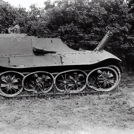 Prompt: classic world war 1 photo of an experimental tanks made by oppenheimer, ornate, alien technology,