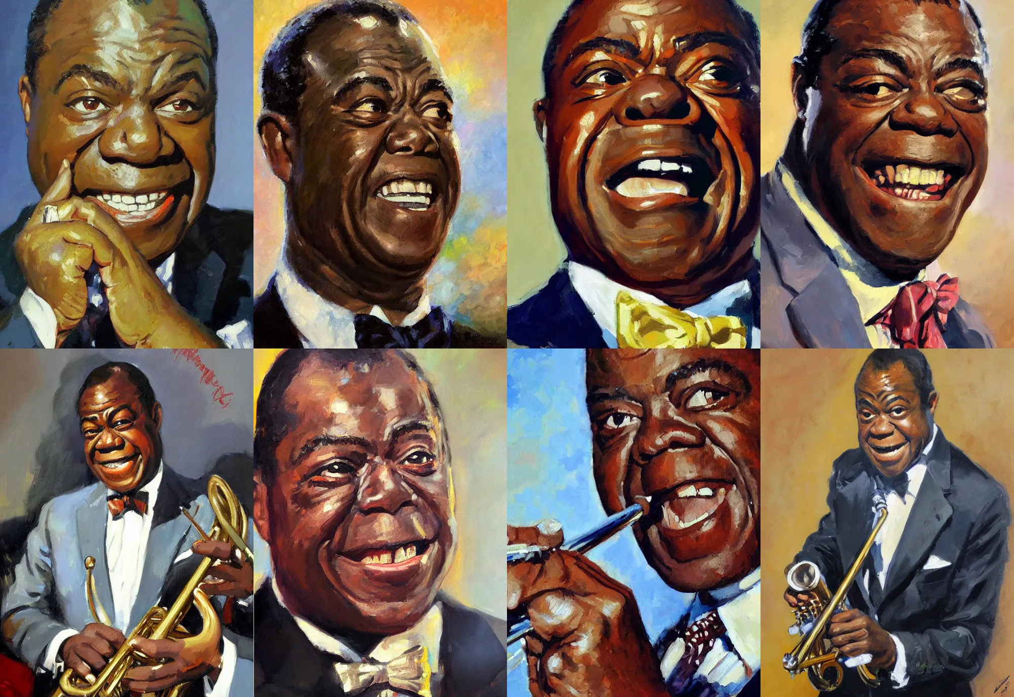 Prompt: a close - up portrait of louis armstrong, by greg manchess, highly detailed oil painting