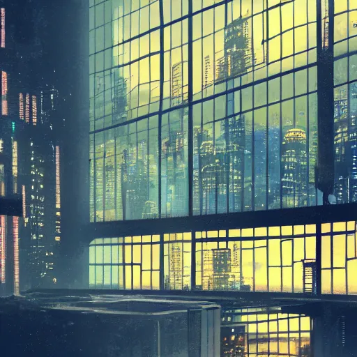 Image similar to beautiful digital illustration of loft in the evening, science fiction, cyberpunk city, rainy day outside, luxury, interior design, tall windows, trending on artstation