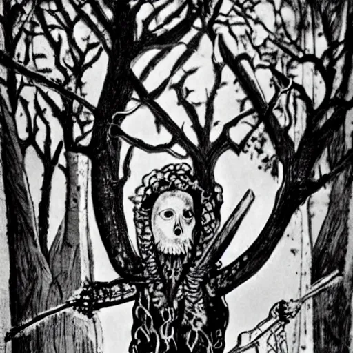 Prompt: the bone carver. and also the trees. folk horror. realistic