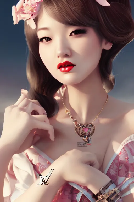 Image similar to a pin up and beautiful fashion and charming and dreamlke japan girl with lv jewelry, art by artgerm & jeehyung lee & wlop, hyperdetailed, 8 k realistic, symmetrical, frostbite 3 engine, cryengine, dof, trending on artstation, digital art, lv, dior