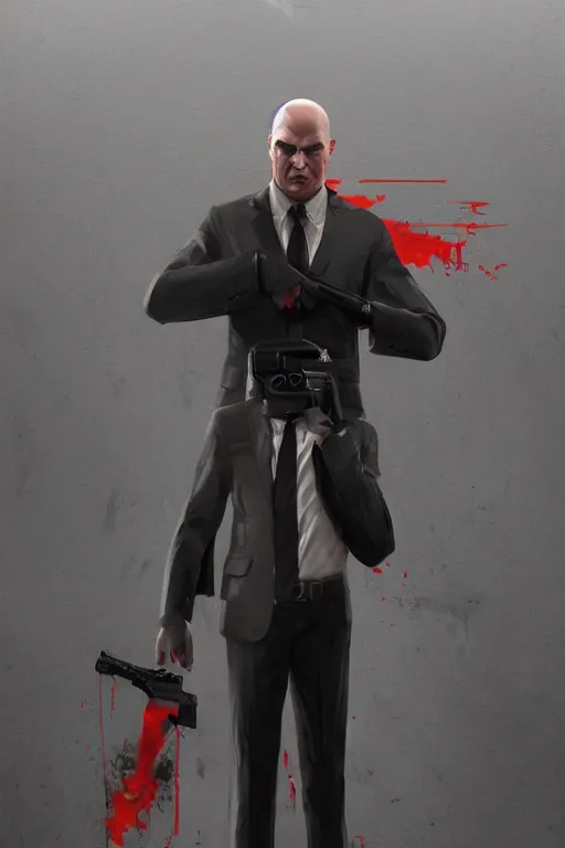 Image similar to an expressive full body portrait of agent 4 7 from hitman in a hallway full of guns, dark background, red rim light, digital art, artstation, concept art by giger stalenhag