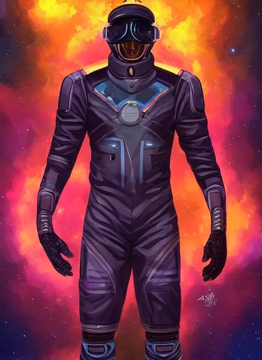 Image similar to handsome black man in an advanced spacesuit in front of exploding nebulae halos, digital illustration trending on artstation by artgerm and rutkowski