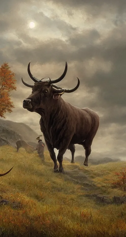 Prompt: a giant!! bull with horns decorated!!! with bells and ribbons, background is the spiral stairs, in the steppe, autumn field, misty background, from the game pathologic 2, highly detailed, sharp focus, matte painting, by rosa bonheur, by isaac levitan and asher brown durand,