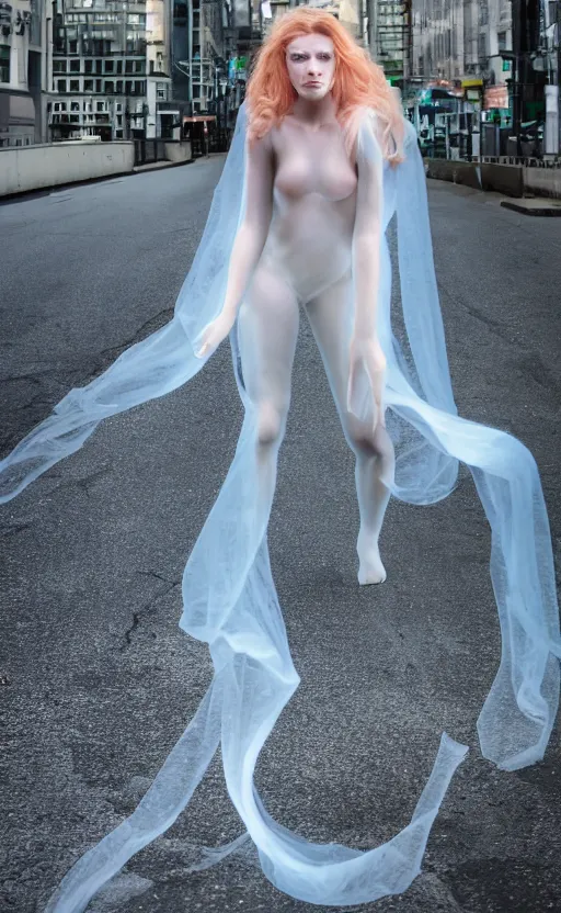 Image similar to a long shot photo of a translucent woman, invisible, streets, ghost, creepy, horror, scary, stressful, caucasian, feminine, nighttime, daytime, glow up, realistic, 8 k, hdr, extremely detailed