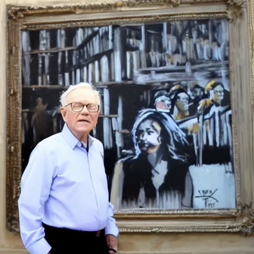 Image similar to A photograph of Warren Buffet standing next to a Banksy painting in Venice