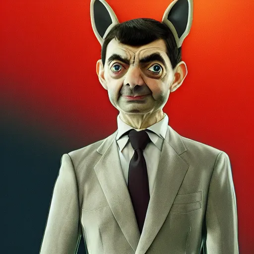 Prompt: beautiful depiction of mr bean, with the plugsuit from asuka langley sohryu plus fox ears, high details, high resolution, noise filtered, artstation, 4 k, highly detailed, high quality