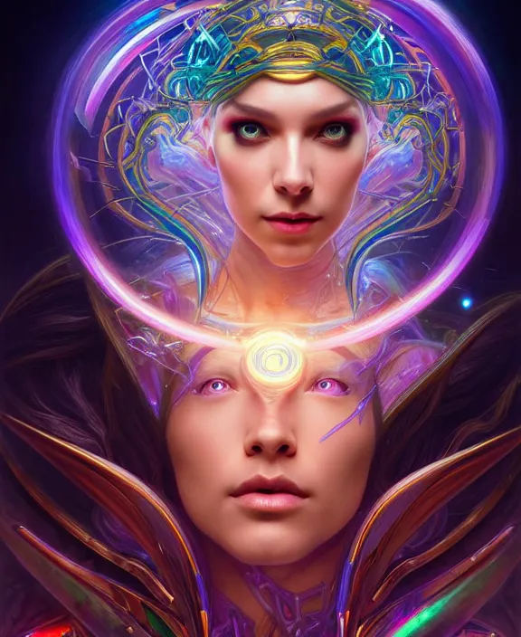 Image similar to a whirlwind of souls rushing inside the metaverse, half body, glowin eye, tiara with sapphire, pharaoh, android, cyborg, cyberpunk face, d & d, fantasy, intricate, elegant, highly detailed, colorful, vivid color, digital painting, artstation, concept art, art by artgerm and greg rutkowski and alphonse mucha and ruan jia