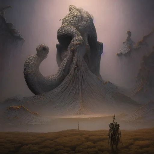 Image similar to Realistic creatue of Zdzisław Beksiński .concept art, wide angle shot, oriental fantasy, Peter Mohrbacher, insanely detailed and intricate, golden ratio, hypermaximalist, matte painting, cinematic, cgsociety, James jean, Brian froud, ross tran,octane render , unreal engine , hyper realistic , 8k render , octane render