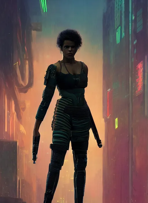 Prompt: Cyberpunk Zazie Beetz. Powerful Cyberpunk assassin in tactical gear. blade runner 2049 concept painting. Epic painting by James Gurney, Azamat Khairov, and Alphonso Mucha. ArtstationHQ. painting with Vivid color. (rb6s, Cyberpunk 2077)