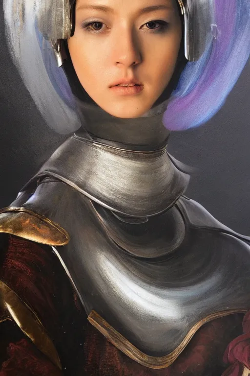 Image similar to hyperrealism oil painting, close - up portrait of caucasian medieval fashion model, knight, steel gradient mixed with nebula sky, in style of baroque mixed with 7 0 s japan book art