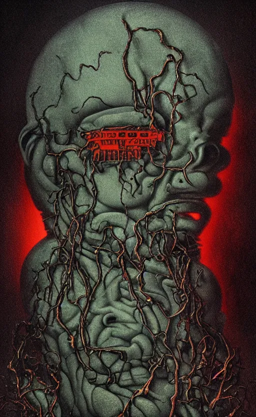 Image similar to thomas the tank engine in style of zdzisław beksinski, extremely dramatic lighting, 8 k, tendrils, black, darkness, black slime tendrils, infected, rust, body horror, thomas the train, thomas the tank engine face, horror,