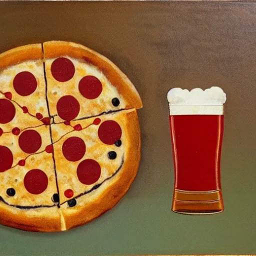 Prompt: ' bauhaus painting of a pizza, a beer and a church'