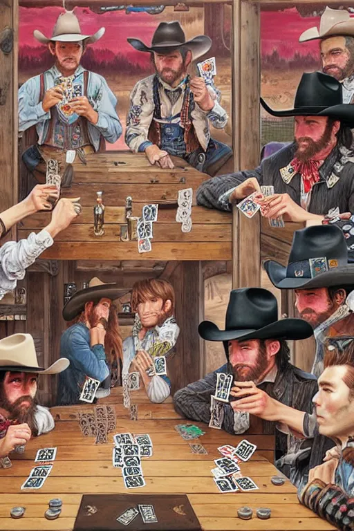 Image similar to full view, from a distance, of cowboys in the saloon playing card games, style of yoshii chie and hikari shimoda and martine johanna, highly detailed