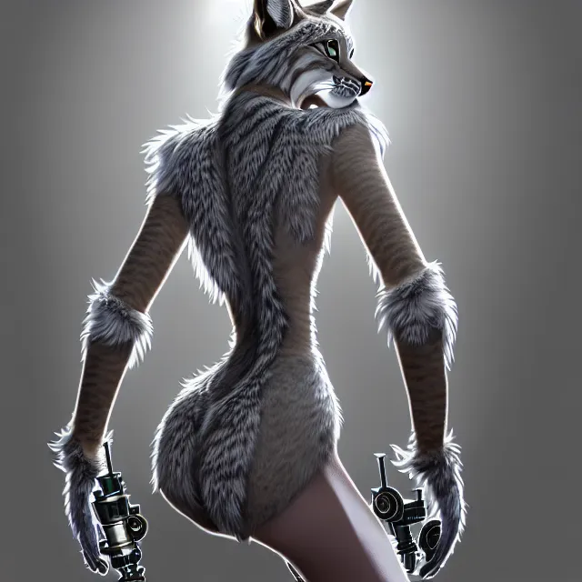 Image similar to the full body of anthropomorphic lynx fursona from behind wearing a steampunk suit as unimaginably beautiful, gorgeous, elegant, young woman with lynx head, an ultrafine hyperdetailed illustration by furaffinity, intricate linework, white fur, unreal engine 5 highly rendered, global illumination, radiant light, detailed and intricate environment