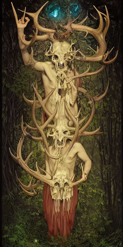 Image similar to intense bioluminescent pagan god with antlers and fangs and intense glowing eyes with a bull skull in very dark forest by mark ryden and alphonse mucha, portrait, fantasy, clear, light beams, lens flare, intense, uhd, amazing depth, cinematic lighting