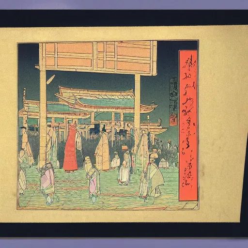 Prompt: late meiji period, colored woodblock print, muslim pilgrims circling the kaaba