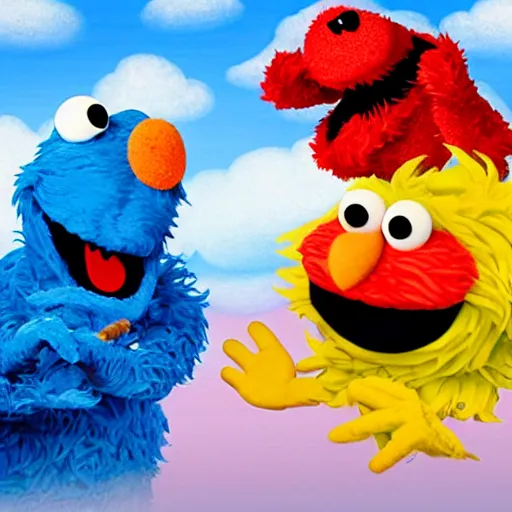 Image similar to the creation of adam but with elmo and the cookie monster instead, sesame street, in an absurdist style, heavenly, cosmic, god rays, intricate detail, 8 k,