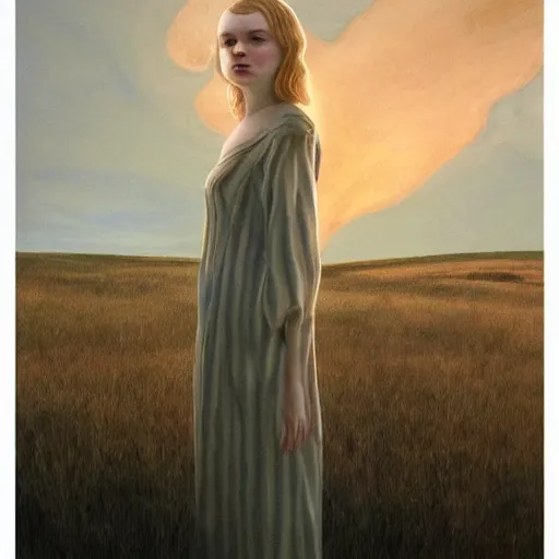 Image similar to Elle Fanning in the painted world of Raised by Wolves, head and shoulders masterpiece, apocalypse, golden hour, cosmic horror, artstation, in the style of Andrew Wyeth and Edward Hopper and Bosch, extremely detailed