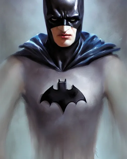 Prompt: character portrait of a slender young batman with blood stains in his face, piercing bright blue eyes, and pale skin, by greg rutkowski, mark brookes, jim burns, tom bagshaw, trending on artstation