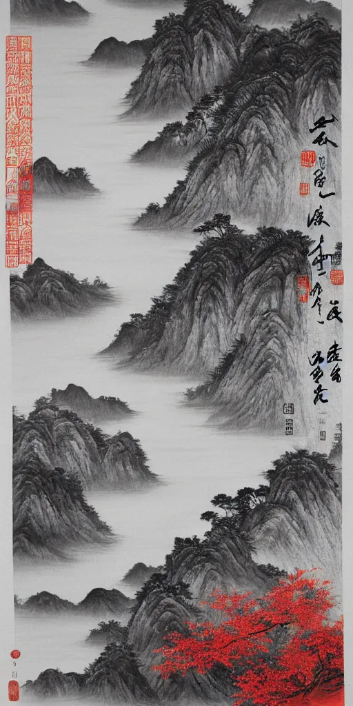 Prompt: Environmental shot, Beautiful!!!!! chinese ink-wash painting of a river!!!, beautiful brush strokes, red ink, birds flying , shui mo hua, highly intricate