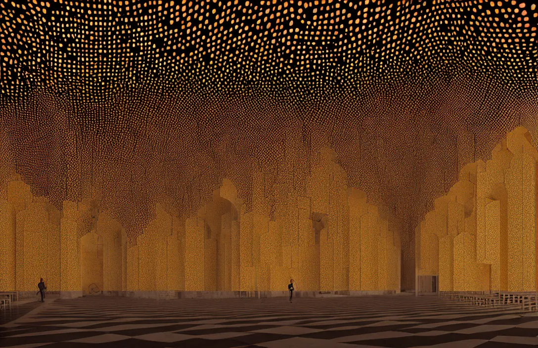 Prompt: vestiges of the world in this church interior, vertical lines suggest spirituality, rising beyond human reach toward the heavens. cloister quadrangle yayoi kusama installation by filip hodas