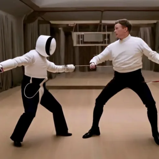 Image similar to film still of elon musk dueling bill gates with a fencing saber, epic cinematic