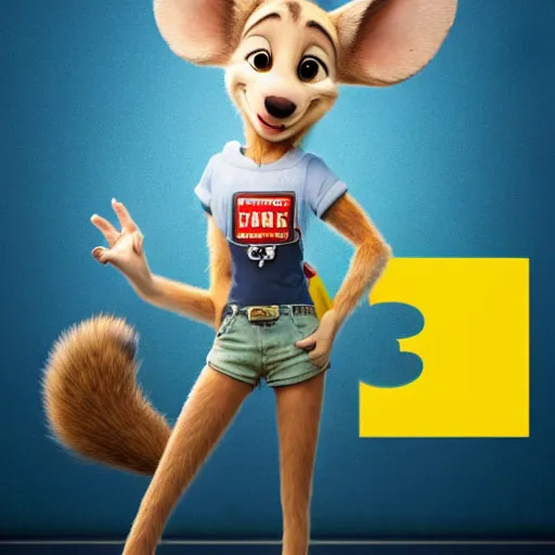 Image similar to 3 d render, portrait, mid shot, anthropomorphic mouse, female, blond fur, blue eyes, wearing denim short shorts, wearing a off yellow tank top shirt, solo, in the style of zootopia