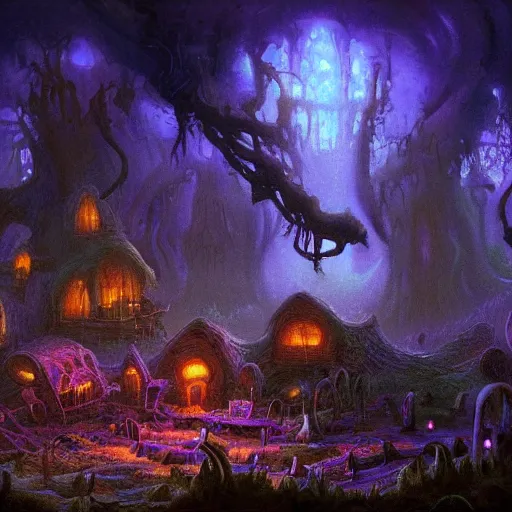 Image similar to concept art detailed painting of a dark purple fantasy fungal town made of mushrooms, with glowing blue lights, in the style of albert bierstadt