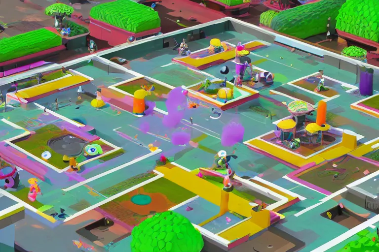 Image similar to isometric view of a splatoon 2 level, inspired by modern skate parks and modern chinese playgrounds in the style of splatoon, day