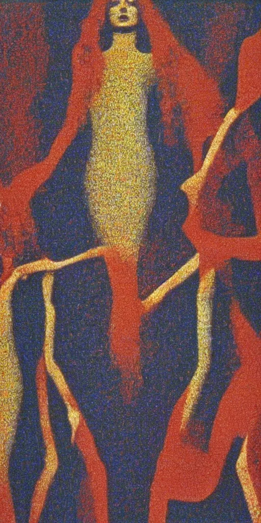 Image similar to a film still of suspiria by dario argento 1 9 7 7 movie, painted by georges seurat, impressionism, points, pointillism, high quality