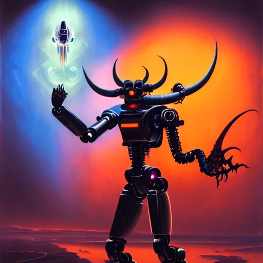 Prompt: UHD photorealistic studio portrait of a robot Devil with hyperrealistic Devil wings, futuristic robot devil, exotic alien features, robotic enhancements, Tim Hildebrandt, Wayne, Amano, Barlowe, Bruce Pennington, donato giancola, larry elmore, , masterpiece, trending on artstation, , cinematic composition, dramatic pose, studio lighting, sharp, crisp detail, hyper-detailed