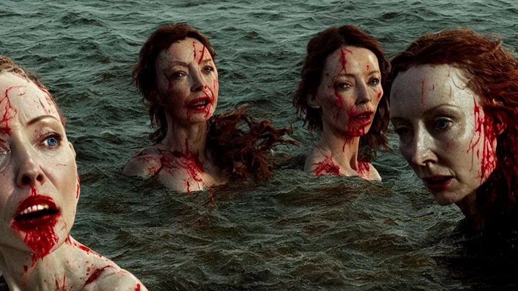 Image similar to close up photo of Helen McCrory and Annabelle Wallis coming out of the ocean, extreme detailed face, a blood portal on the background, film still from the movie directed by Denis Villeneuve with art direction by Zdzisław Beksiński, wide lens