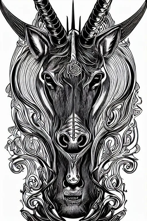 Image similar to satanic unicorn, symmetrical, highly detailed, digital art, sharp focus, trending on art station, red and black