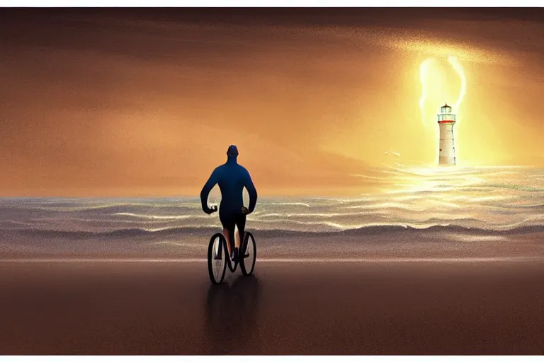 Image similar to photo of man riding a bicycle along the beach, glowing underwater toward a lighthouse in the distance, silhouette, wide horizon, large white clouds, intricate, elegant, highly detailed, digital painting, artstation, concept art, smooth, sharp focus, illustration, art by artgerm and greg rutkowski and fra angelico