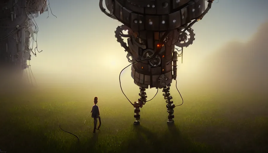 Prompt: a walking mechanical castle with legs, vines, pilar, hyperrealistic, highly detailed, cinematic, single ray of sun, fog, beautiful, cgssociety, artstation, 8 k, oil painting