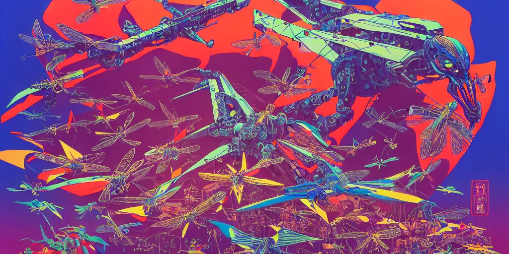 Image similar to risograph, gigantic mecha arzach birds with dragonflies, tiny rats, a lot of exotic animals around, big human faces everywhere, helicopters and tremendous birds, by satoshi kon and moebius, matte colors, surreal psychedelic design, crispy, super - detailed, a lot of tiny details, 4 k, fullshot