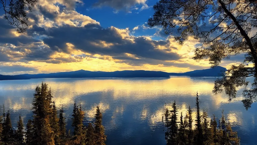 Image similar to amazing lake view photo of golden taiga, beautiful dramatic lighting